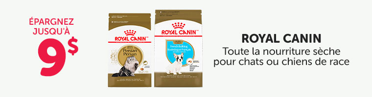 Épargnez jusqu'à 9$ sur la nourriture sèche Royal Canin pour chats ou chiens de race. 