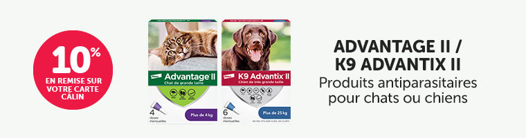Obtenez 10% en remise sur votre carte Câlin à l'achat de produits antiparasitaires Advantage II ou K9 Advantix II pour chats ou chiens.