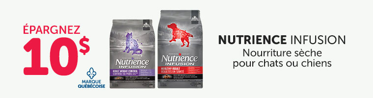 Épargnez 10$ sur la nourriture sèche Nutrience Infusion pour chats ou chiens, de formats sélectionnés.