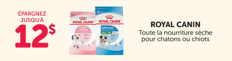 Épargnez jusqu'à 12$ sur toute la nourriture sèche Royal Canin pour chatons ou chiots.