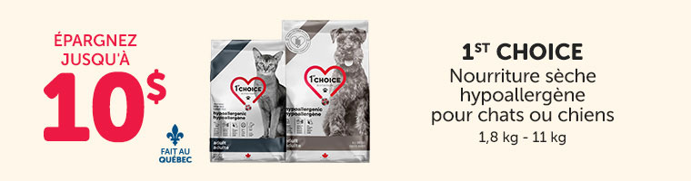 Épargnez jusqu'à 10$ sur la nourriture sèche hypoallergène 1st Choice pour chats ou chiens.