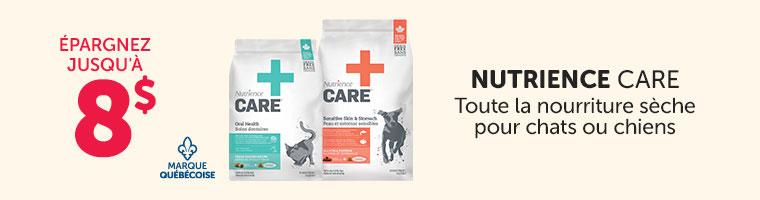 Épargnez jusqu'à 8$ sur toute la nourriture sèche Nutrience Care pour chats ou chiens. 