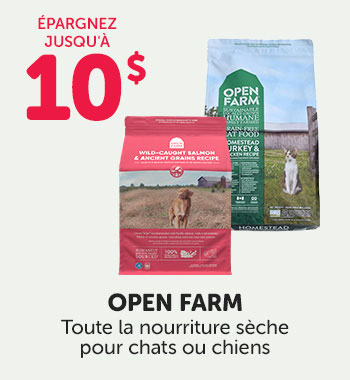 Épargnez jusqu'à 10$ sur la nourriture sèche Open Farm pour chats ou chiens.
