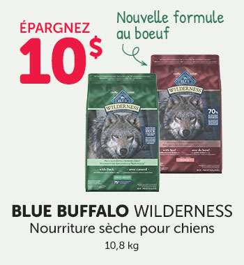 Épargnez 10$ sur la nourriture sèche (10,8 kg) Blue Buffalo Wilderness pour chiens. 