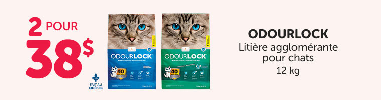 Obtenez 2 litières agglomérantes Odourlock (12 kg) pour chats pour 38$.