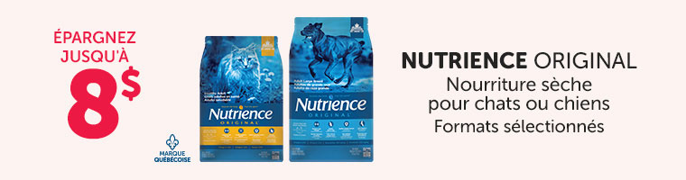 Épargnez jusqu'à 8$ sur la nourriture sèche Nutrience Original pour chats ou chiens de formats sélectionnés.
