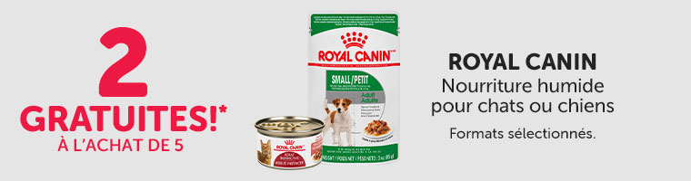 Recevez gratuitement 2 conserves de nourriture humide Royal Canin pour chats ou chiens de formats sélectionnés, à l'achat de 5