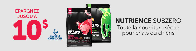 Épargnez jusqu'à 10$ sur la nourriture sèche Nutrience Subzero pour chats ou chiens.