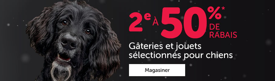 Obtenez le 2e à 50% de rabais sur les jouets et gâteries sélectionnés pour chiens. *De même catégorie, de valeur égale ou moindre.