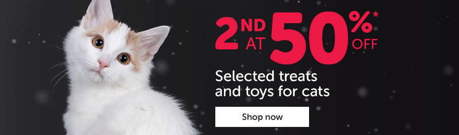 Get the 2nd item at 50% off on selected cat toys and treats. *Same category, equal or lesser value.