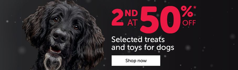 Get the 2nd item at 50% off on selected dog toys and treats. *Same category, equal or lesser value.