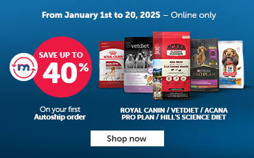 From January 1st to the 20th, save up to 40% on your first Autoship order on Royal Canin, Vetdiet, Acana, Pro Plan, Hill's Science Diet and Orijen.