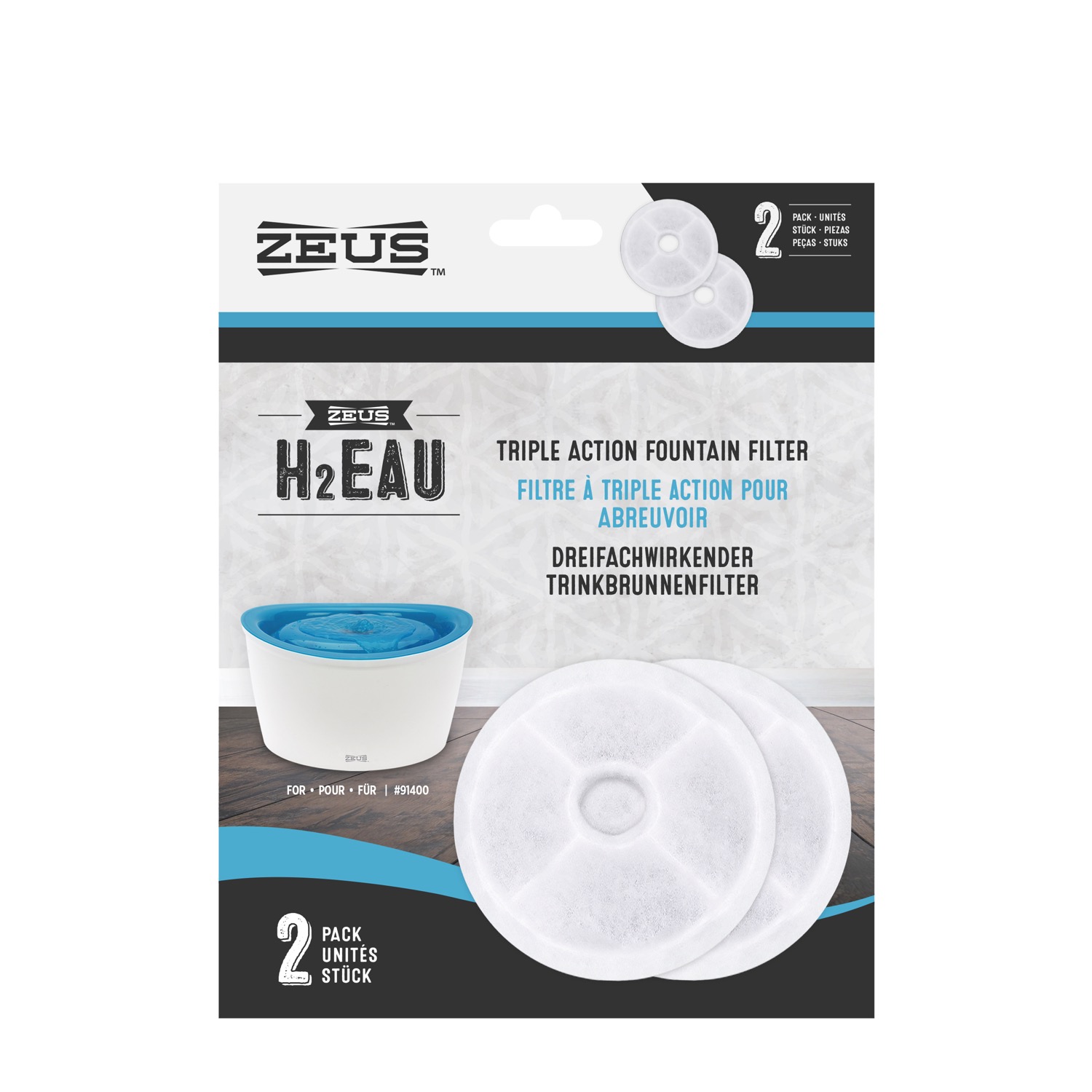 H2EAU Triple Action Fountain Filters 2 pack Zeus Mondou